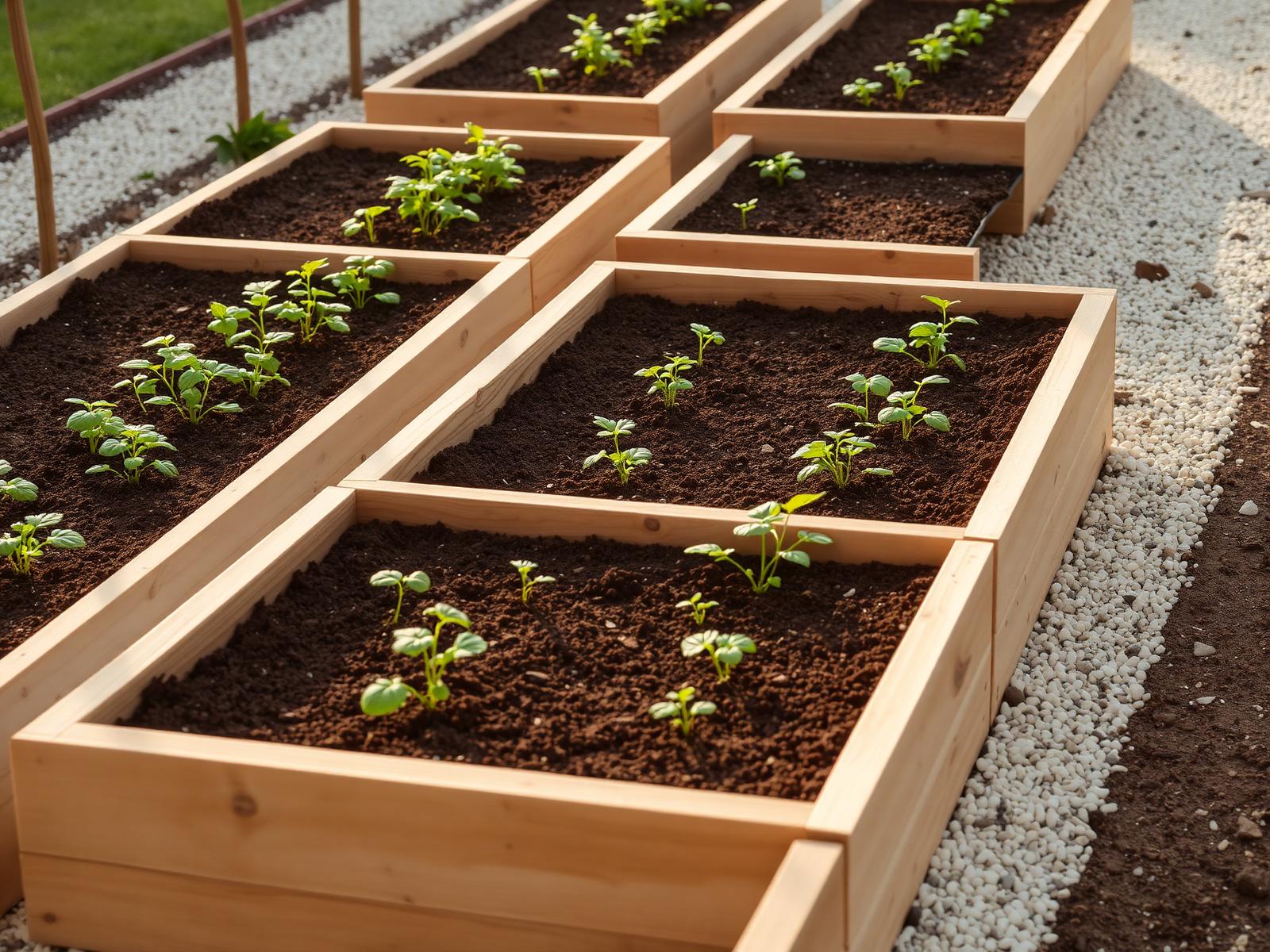 Wooden raised garden beds with young seedlings in morning light